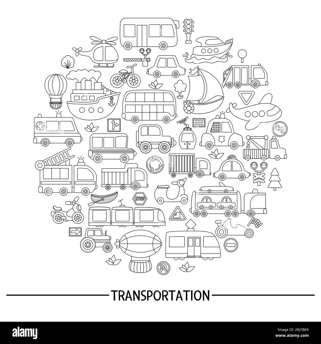 Vecteur cadre rond de transport noir et blanc avec bus, voiture, bateau, camion. Conception de modèle de carte de ligne avec transport pour bannières, invitations. Mignon Illustration de Vecteur