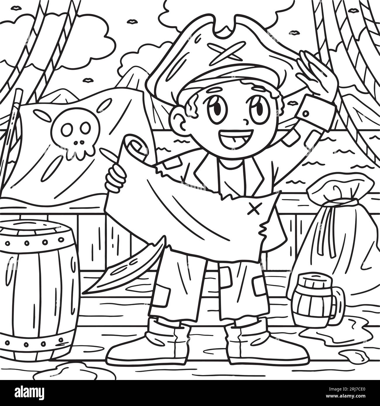 Pirate avec la page de coloriage de carte de Trésor pour les enfants Illustration de Vecteur