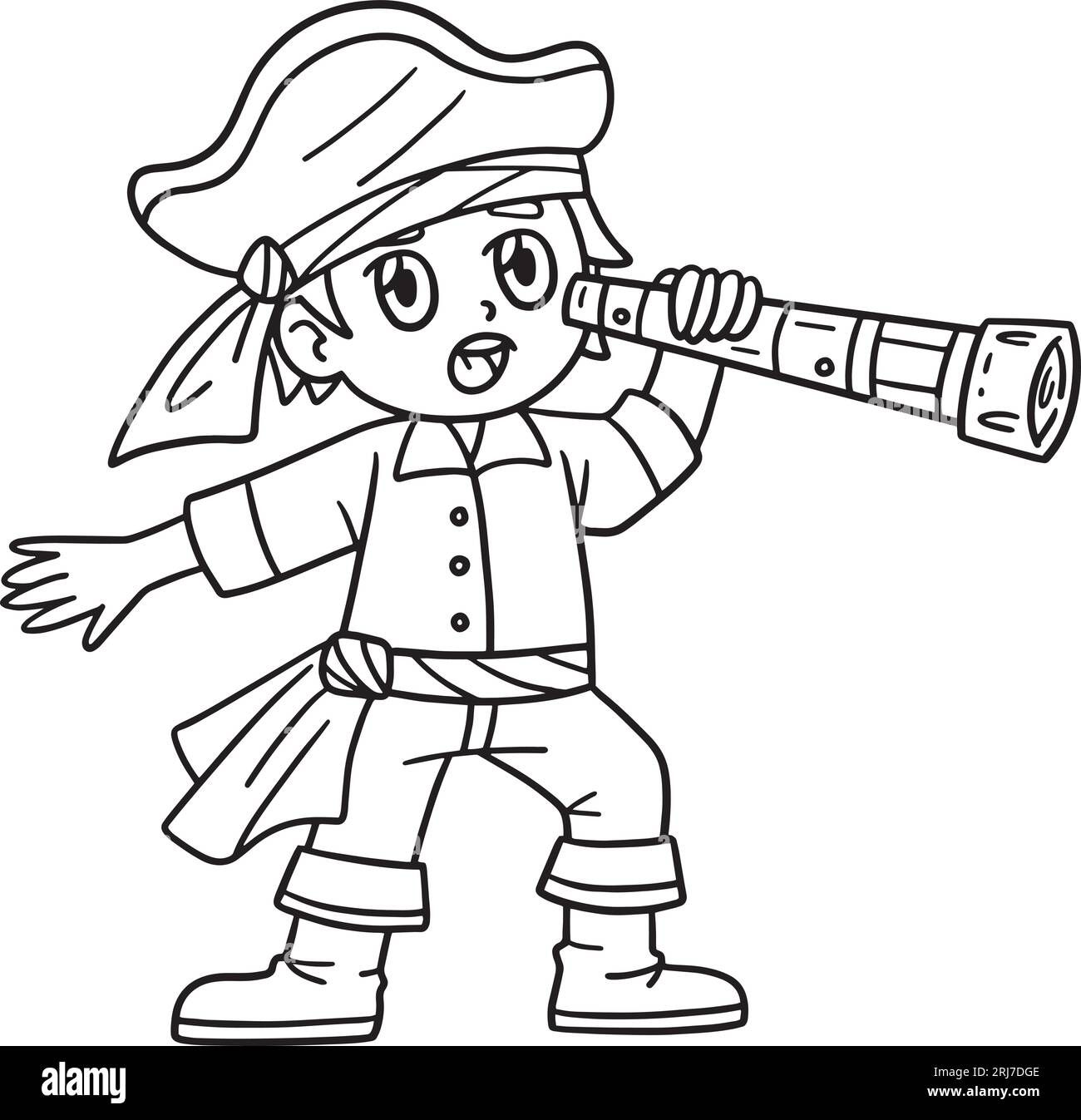 Pirate Looking Through Telescope coloration isolée Illustration de Vecteur