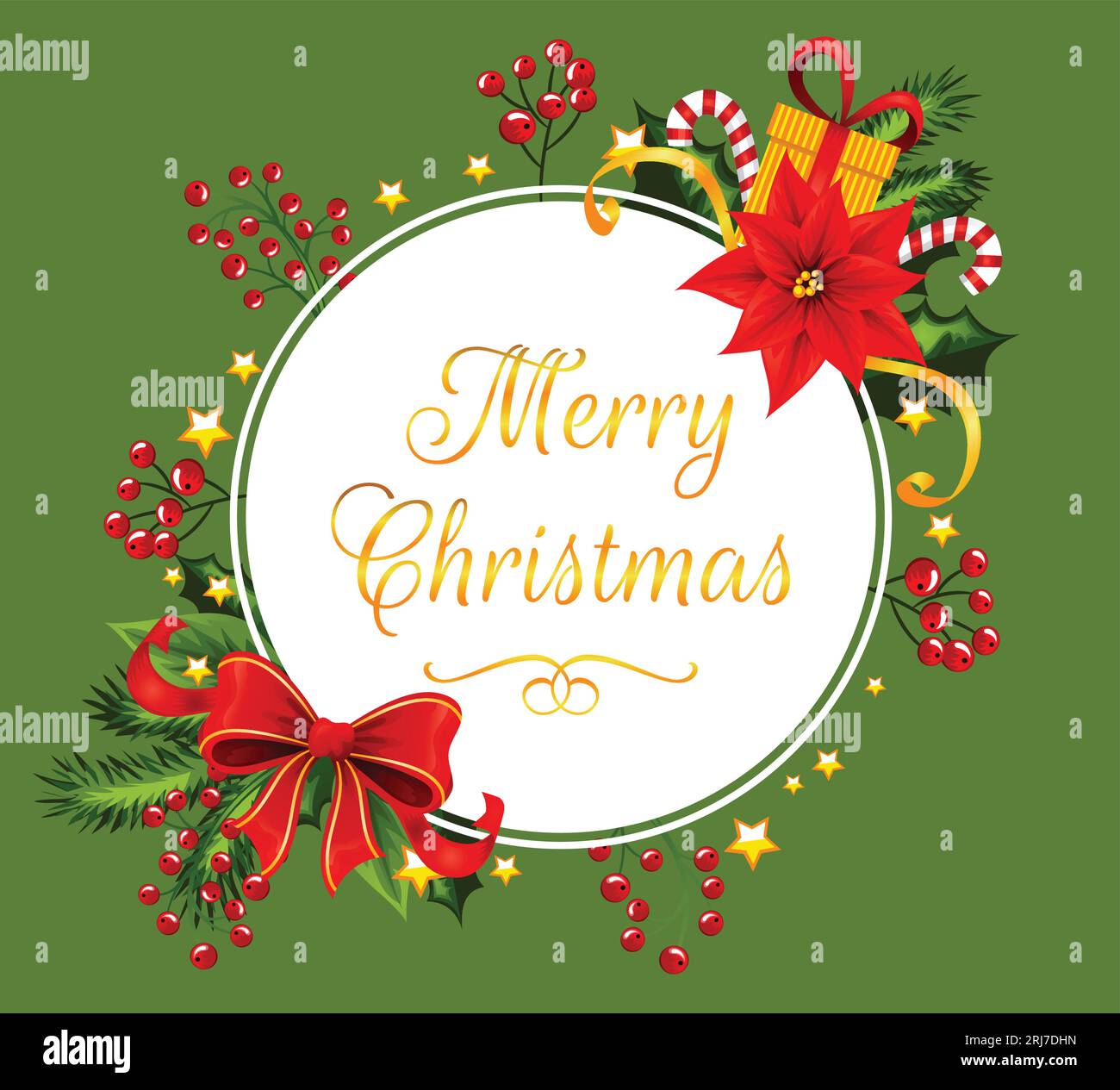 Cercle blanc avec texte Joyeux Noël décoré avec des détails de noël. Illustration de Vecteur