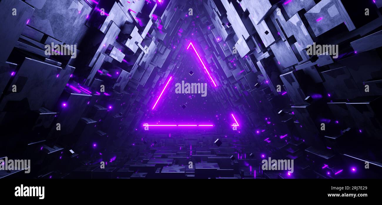Tunnel triangulaire SCI-fi avec fond de concept de signe triangle néon Banque D'Images