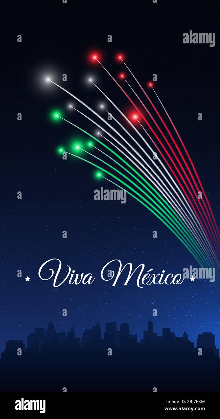 Bannière septembre 16 mexico jour de l'indépendance, feux d'artifice mexicains sur fond de ciel sombre. Feux d'artifice, drapeau. Fête nationale le 16 septembre. Indépendance Illustration de Vecteur