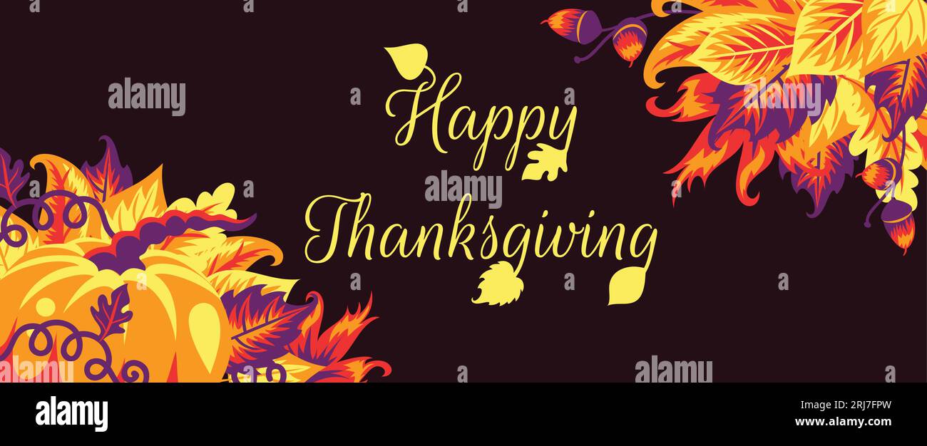 Bannière avec des feuilles d'automne et texte de Thanksgiving heureux. Sur le fond violet. Illustration de Vecteur