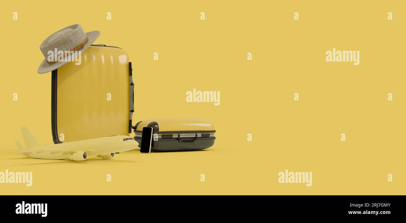 Sac de voyage jaune avec modèle d'avion aérien dans le thème jaune, rendu d'illustration 3D. Banque D'Images
