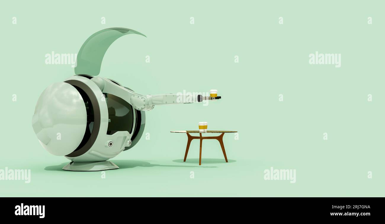 La livraison robotisée tient tasse à café, concept de travail automatisé par robot, rendu d'illustration 3D. Banque D'Images