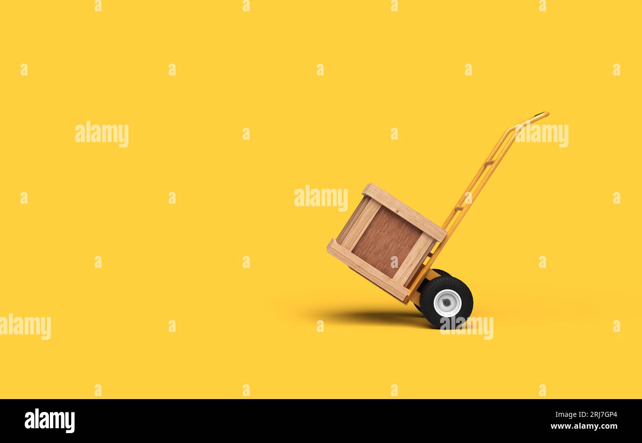 Boîte jaune portant sur fond jaune, rendu d'illustrations 3D. Banque D'Images