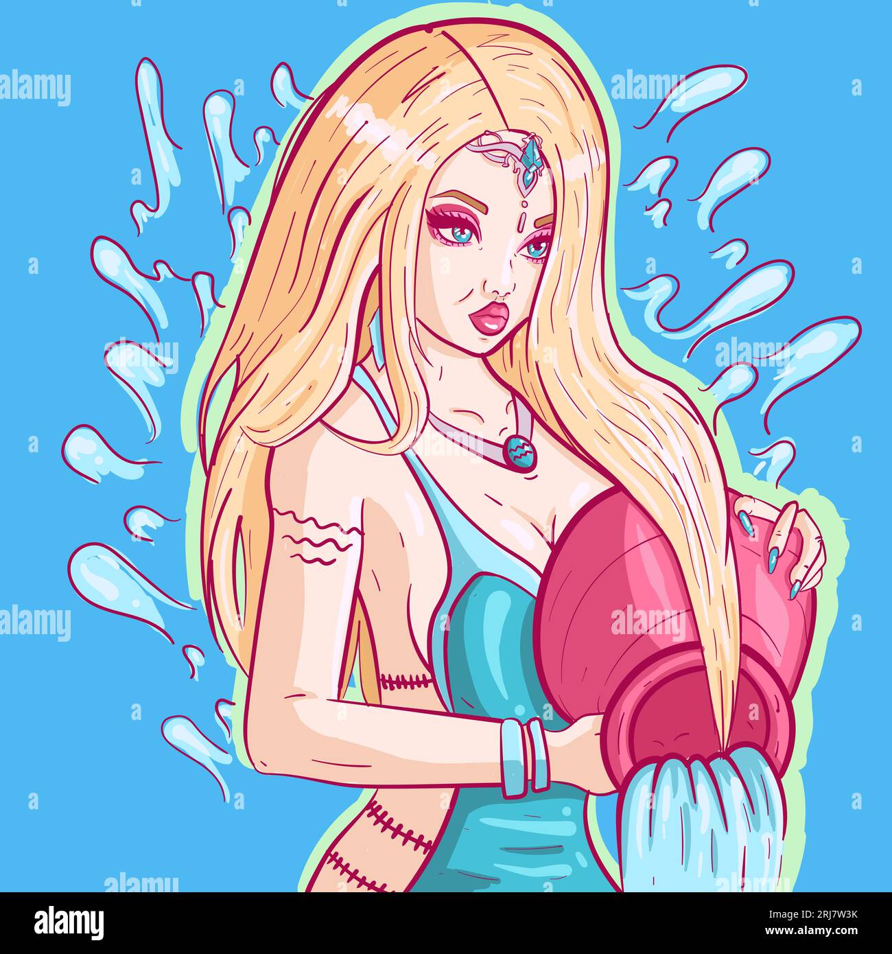 Art conceptuel astrologique d'une femme verseau tenant une cruche et versant de l'eau. Signe d'air zodiacal représenté par une femme blonde dans une robe bleue. Illustration de Vecteur