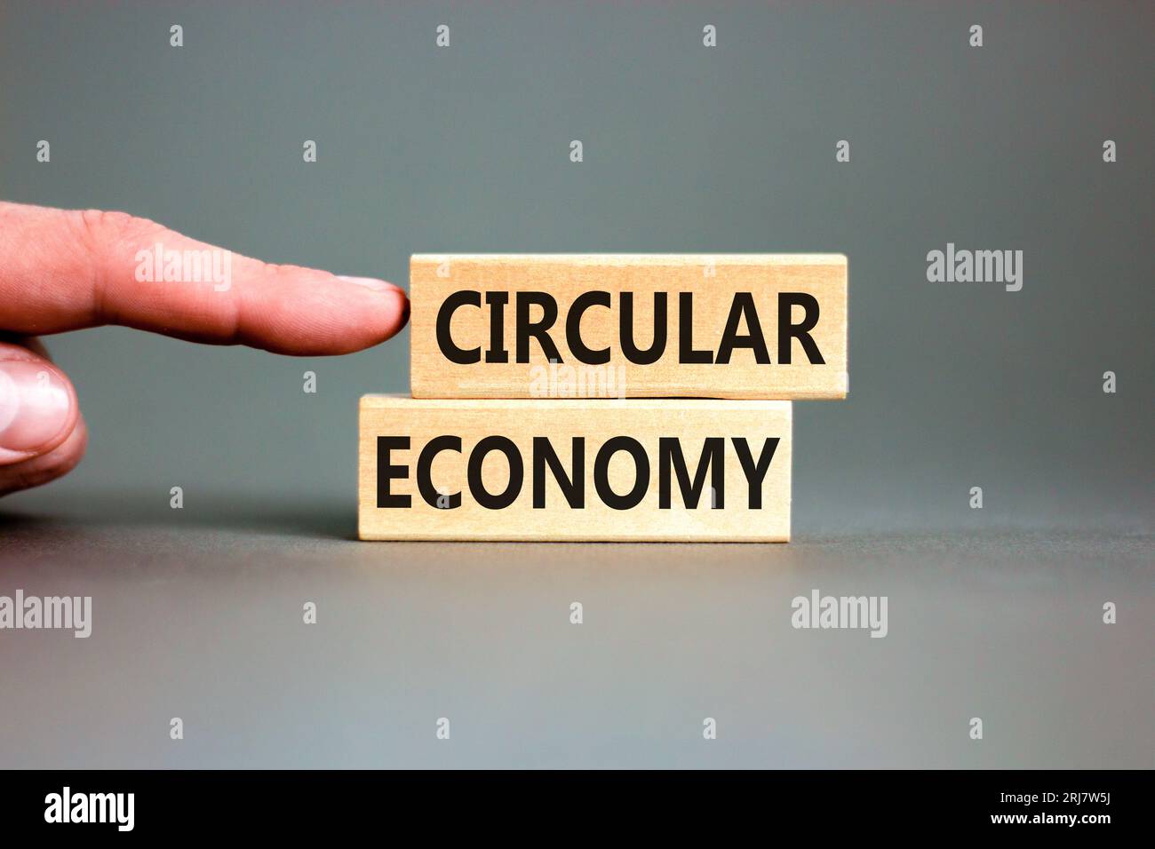 Symbole de l'économie circulaire. Mots conceptuels économie circulaire sur beau bloc de bois. Belle table grise fond gris. Main d'homme d'affaires. ci d'entreprise Banque D'Images