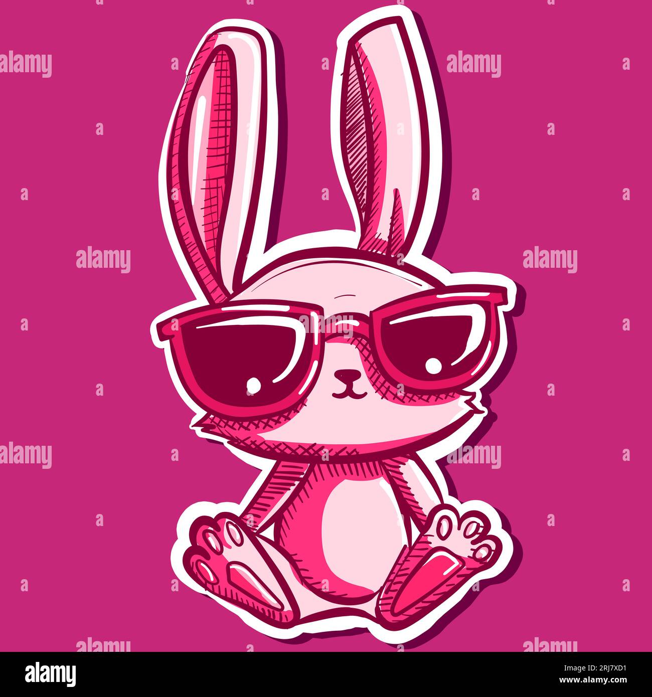 Art numérique d'un joli lapin moelleux avec des lunettes de soleil assis. Vecteur d'un autocollant de dessin animé lapin rose. Illustration de Vecteur