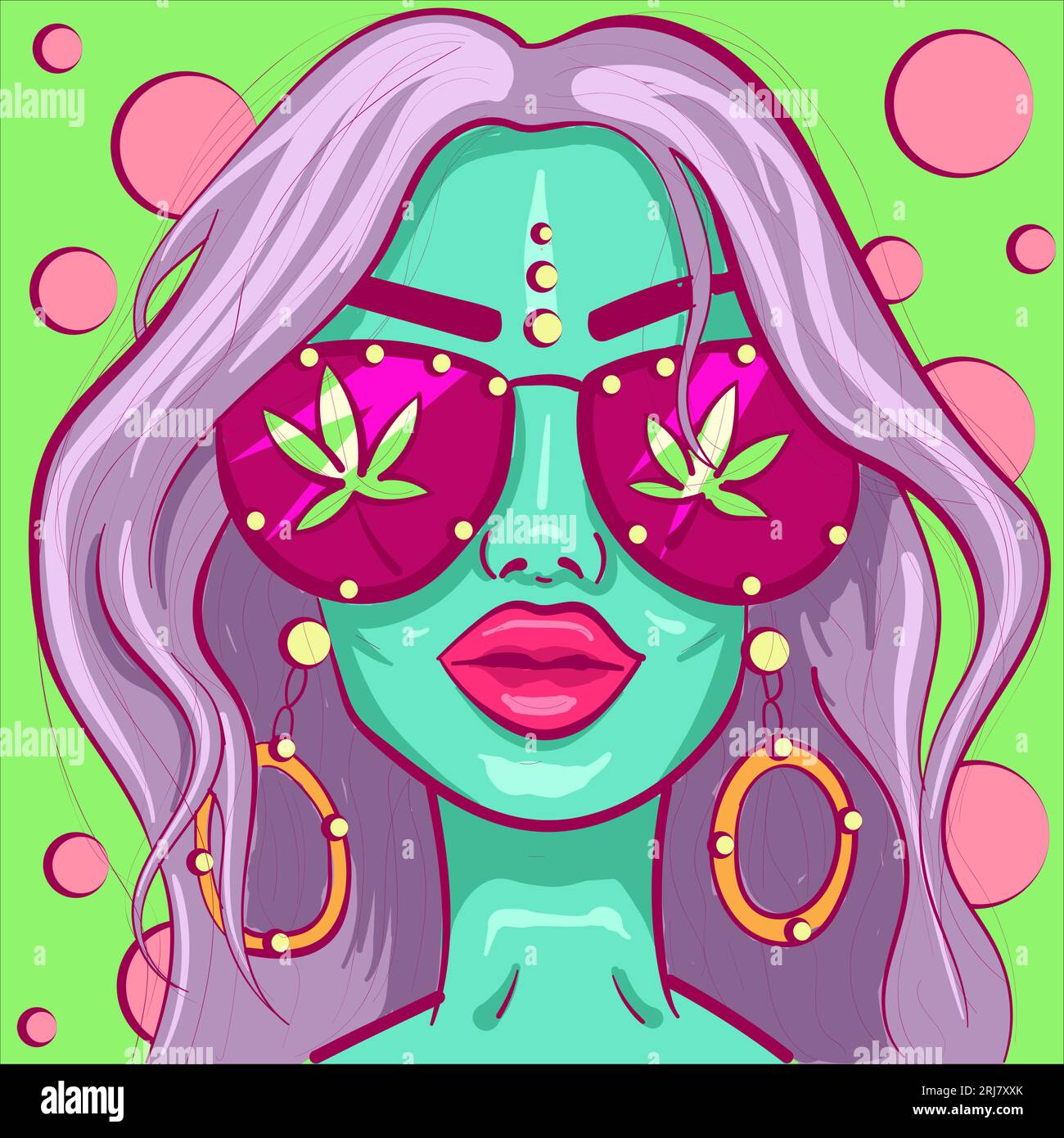 Alien et Woman avec la peau verte et l'esthétique trippée psychédélique. Portrait de personnage d'une fille stoner avec des lunettes de soleil marijuana / cannabis Illustration de Vecteur