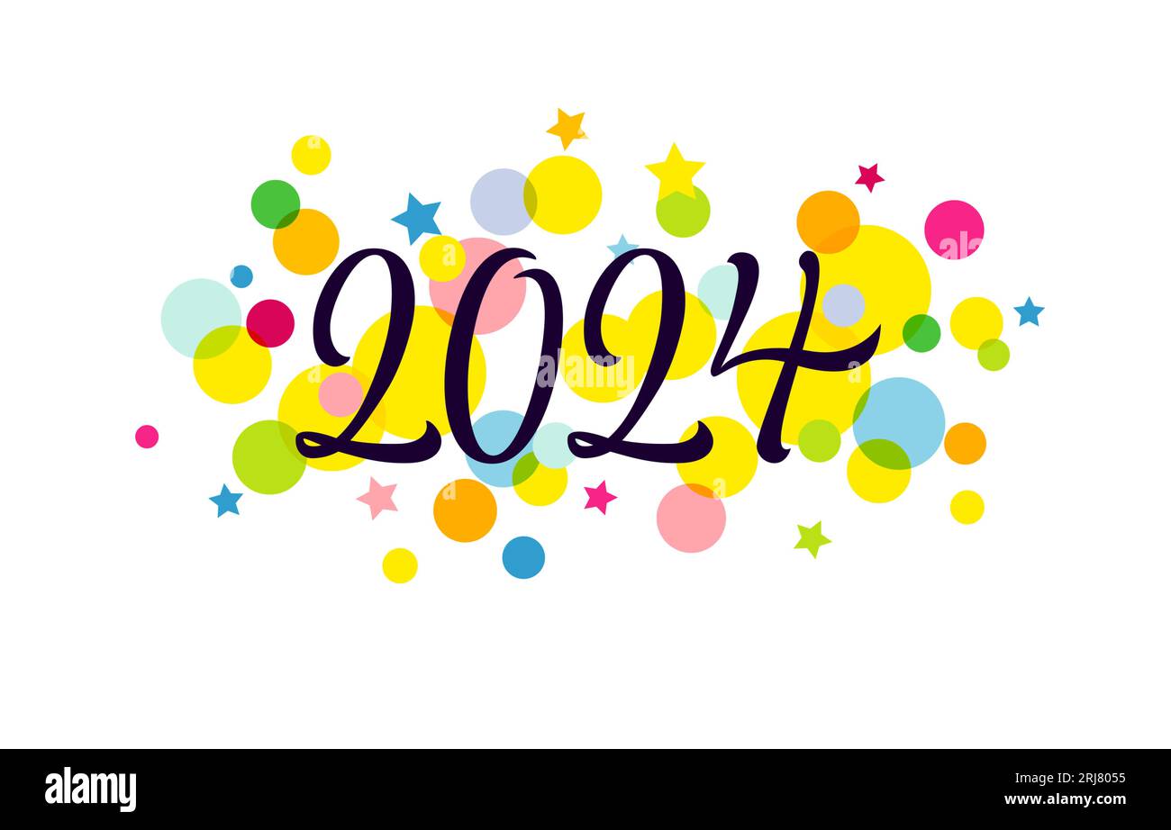 Un logo coloré de la bonne année 2024. Style créatif dessiné à la main numéro 20 24, bulles colorées avec des effets transparents. Fond blanc. Isolé des Illustration de Vecteur