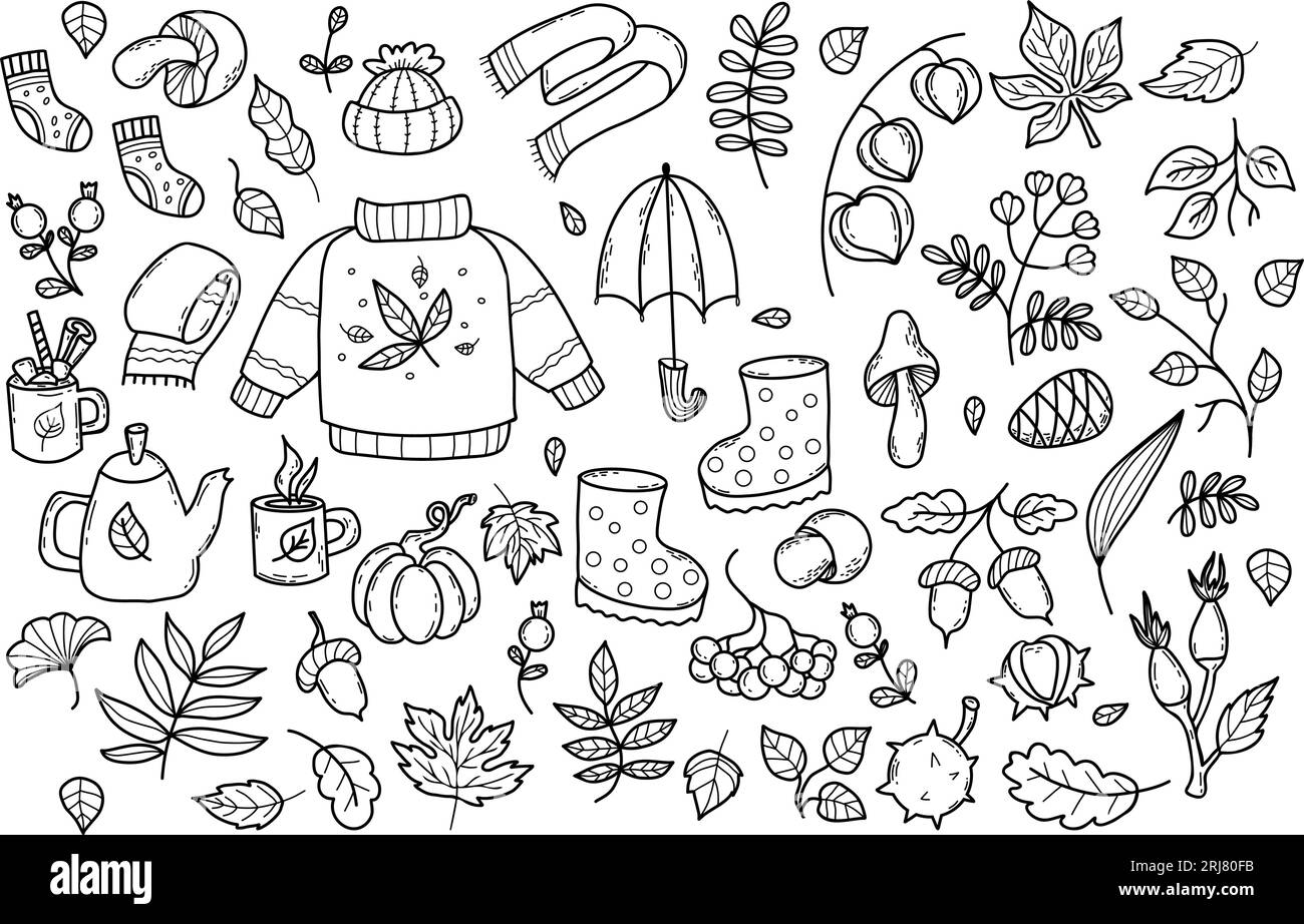Grande collection Cozy doodles d'automne. Tricots, bottes en caoutchouc, théière avec tasse de thé chaud, champignons forestiers de saison et feuilles d'automne, baies. Vecteur i Illustration de Vecteur