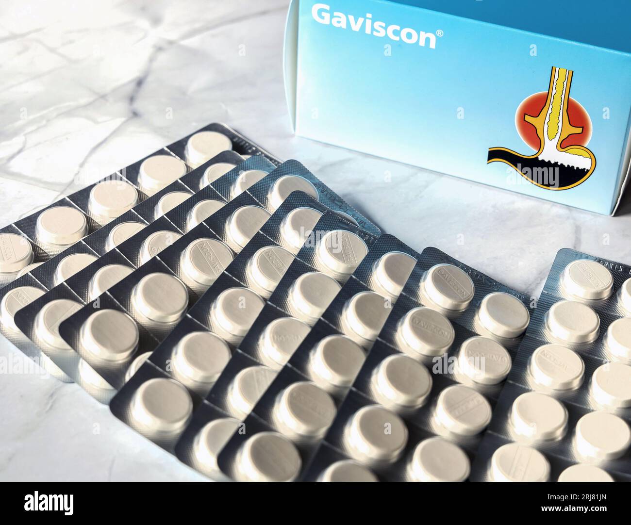 Gaviscon - paquet de pilules pour les problèmes d'estomac et les brûlures d'estomac. Banque D'Images