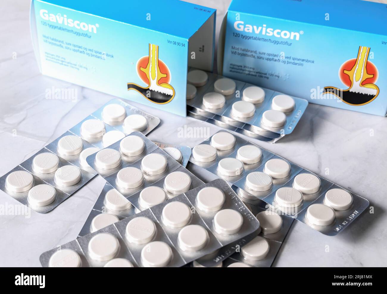 Gaviscon - paquet de pilules pour les problèmes d'estomac et les brûlures d'estomac. Banque D'Images