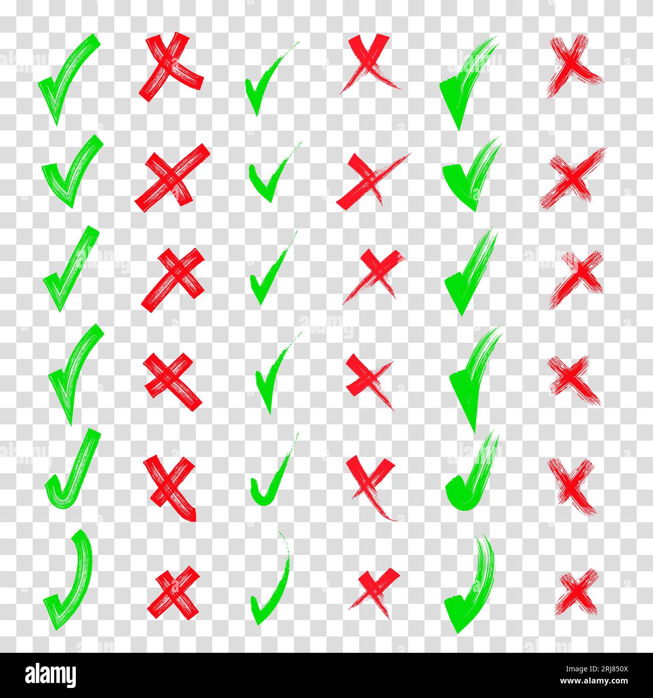 Oui et non Forme rouge et verte. Brossez la collection de coches et de croix dessinées à la main. Griffonner, croquis à la plume. Coches dessinées à la main au crayon a Illustration de Vecteur