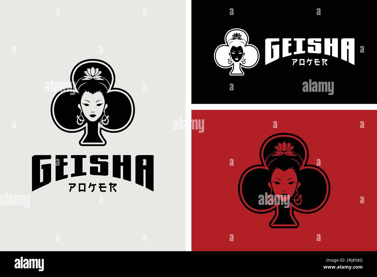 Belle face Geisha des clubs jouant au Poker de cartes logo Vector Design inspiration Illustration de Vecteur