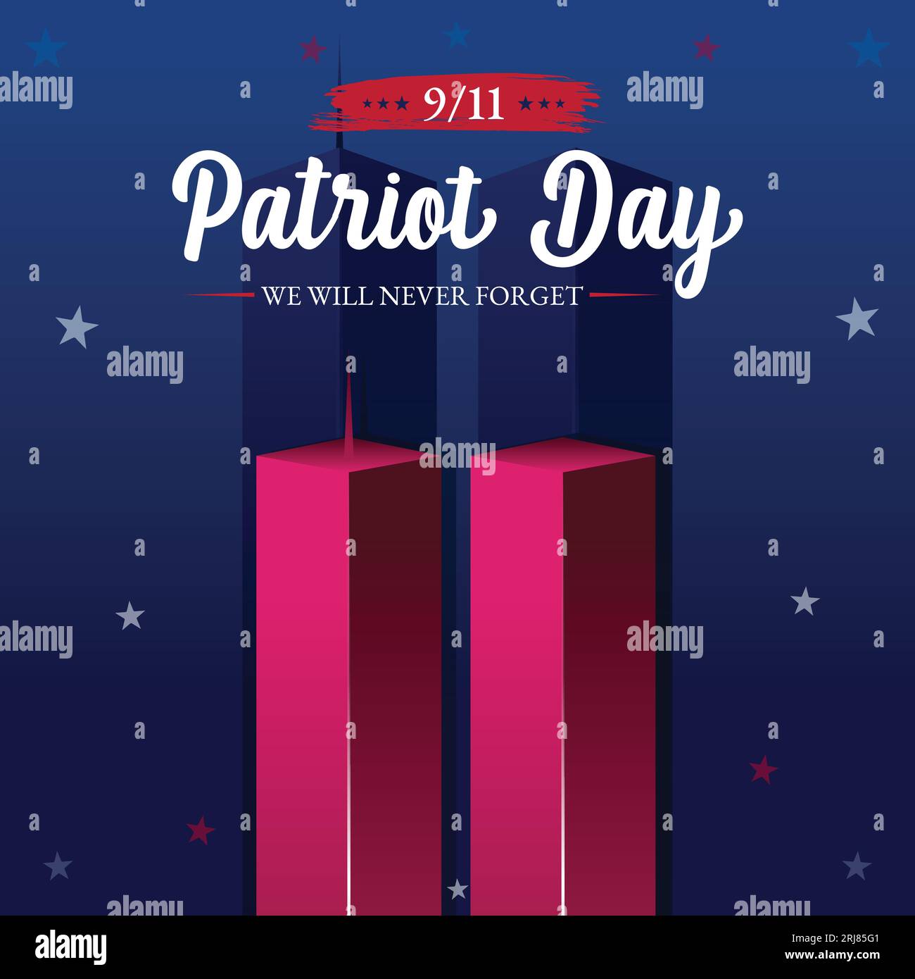 Se souvenir du 9 11 septembre. Patriot Day le 11 septembre. N'oubliez jamais USA 9 11. Modèle neuf Eleven du World Trade Center avec couleur rouge, blanche et bleue Illustration de Vecteur