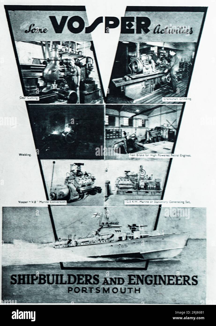 Une publicité de guerre de 1945 pour Vospers, Shipbuilders and Engineers of Portsmouth Royaume-Uni. Datant des années 1870, Vospers a commencé sa vie dans la réparation et le réaménagement de navires. Pendant la Seconde Guerre mondiale, ils étaient célèbres pour les petits navires à grande vitesse utilisés par la marine britannique et l'armée de l'air. Vospers survit maintenant dans le cadre de BAE Systems surface Ships. Banque D'Images