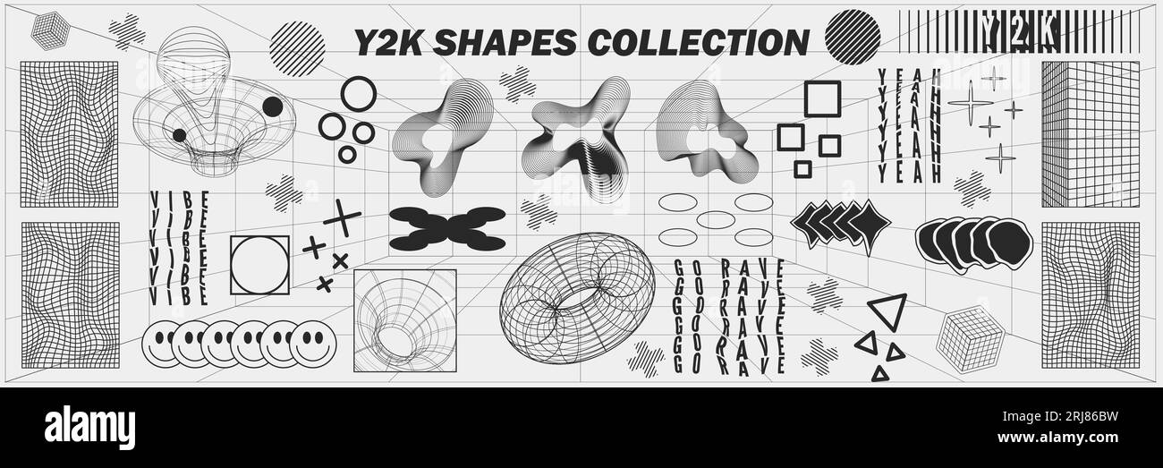 Arrière-plans et motifs abstraits, Wireframe, éléments cyberpunk, signes et grilles de perspective. Formes rétro géométriques surréalistes. Futuri psychédélique rave Illustration de Vecteur