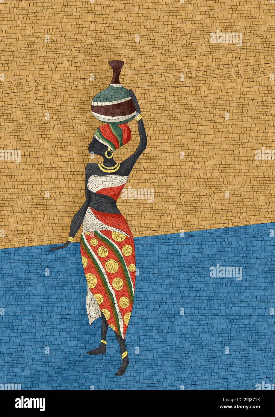 Femme africaine portant de l'eau, copie espace vecteur art modèle de mosaïque graphique Illustration de Vecteur