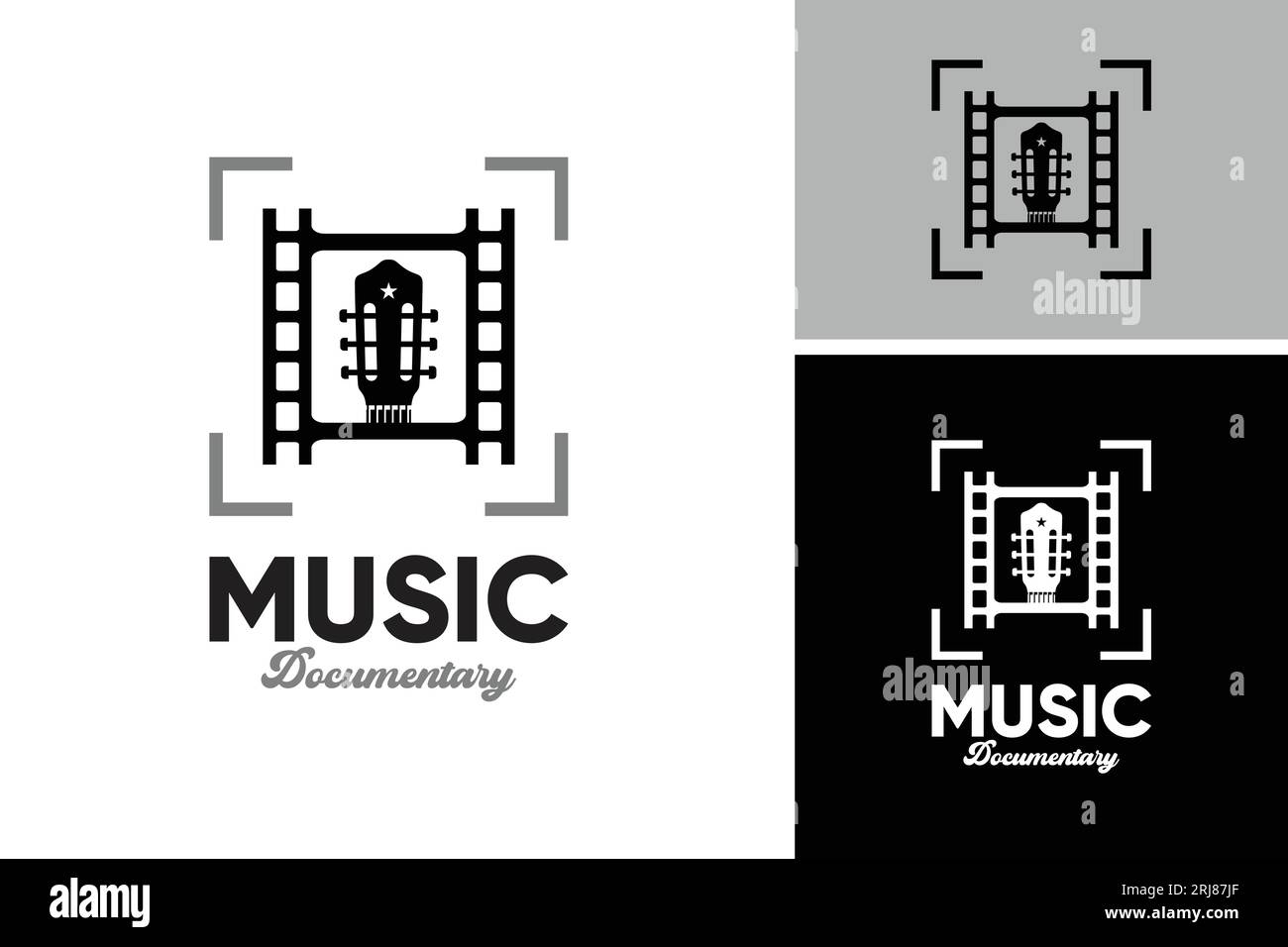 Logo documentaire musical avec Guitar Head Filmstrip. Cinéma Cinéma Photographie musique logo Design Illustration de Vecteur