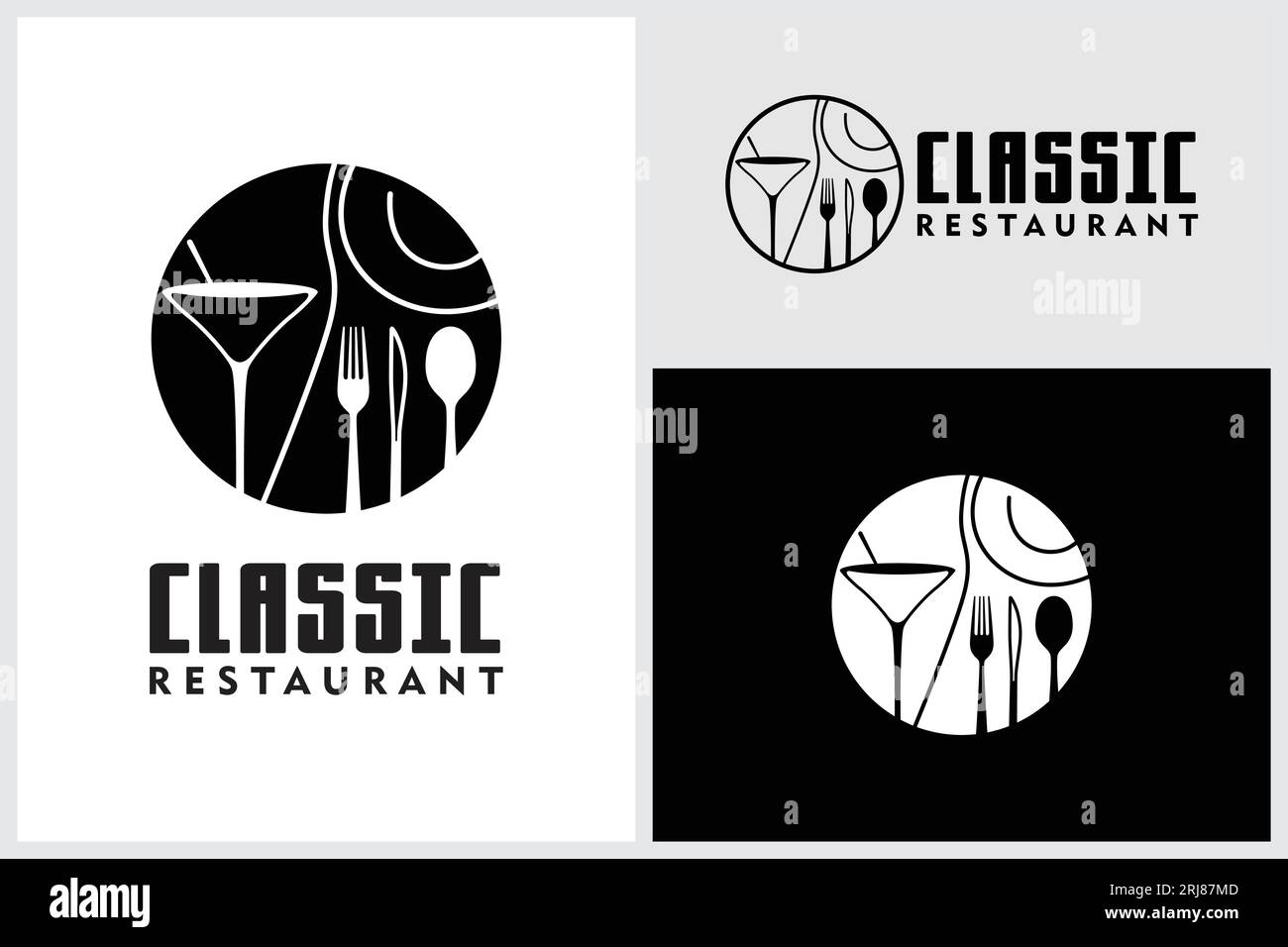 Restaurant Line Art logo avec verre de vin cuillère fourchette plaque de couteau verre pour dîner Illustration de Vecteur