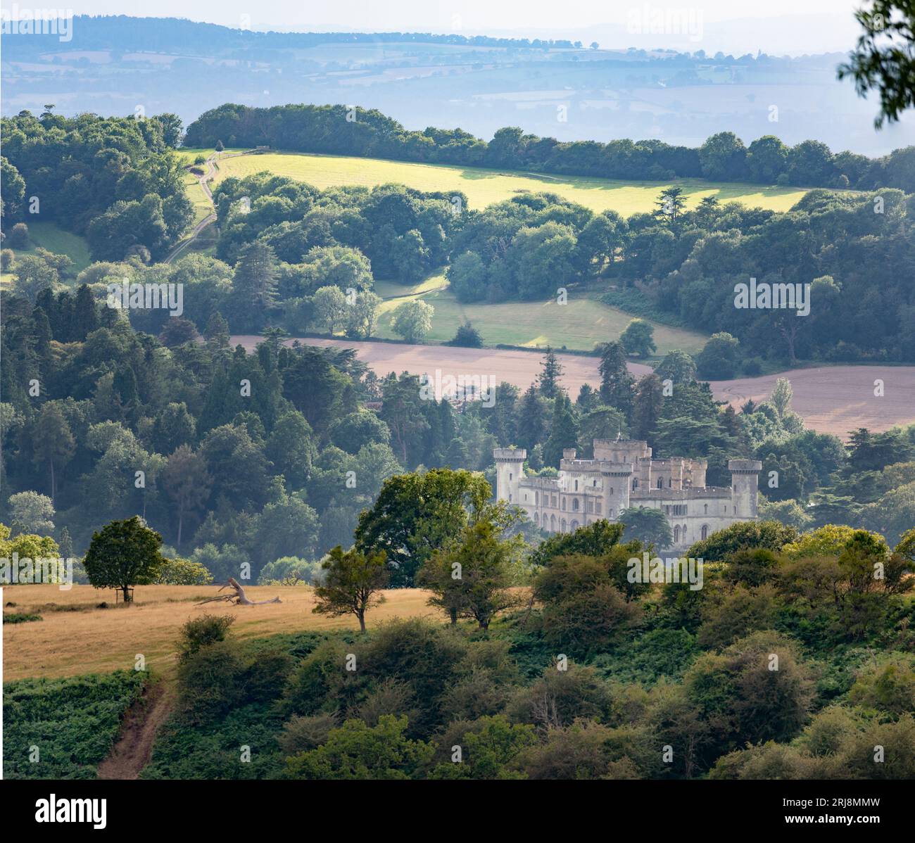 Point de repère historique, niché dans une vallée au milieu d'une belle végétation luxuriante, vert feuillage estival, prairies et pâturages, dans un paysage rural, typique de l'ouest de Eng Banque D'Images