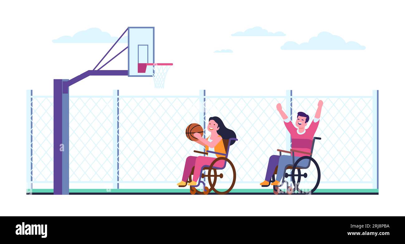 Fille et gars en fauteuil roulant jouant au basket-ball. Terrain de sport extérieur. Personnes handicapées lançant une balle. Heureux paralysé homme et femme sur le terrain de jeu Illustration de Vecteur