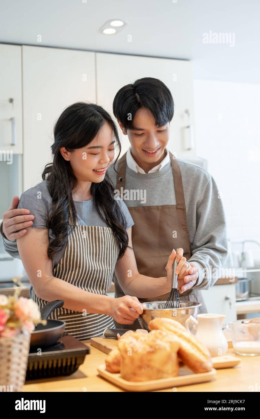 Un Couple Asiatique En Tablier Debout Dans La Cuisine Photo stock - Image  du cuisine, tablier: 164806020