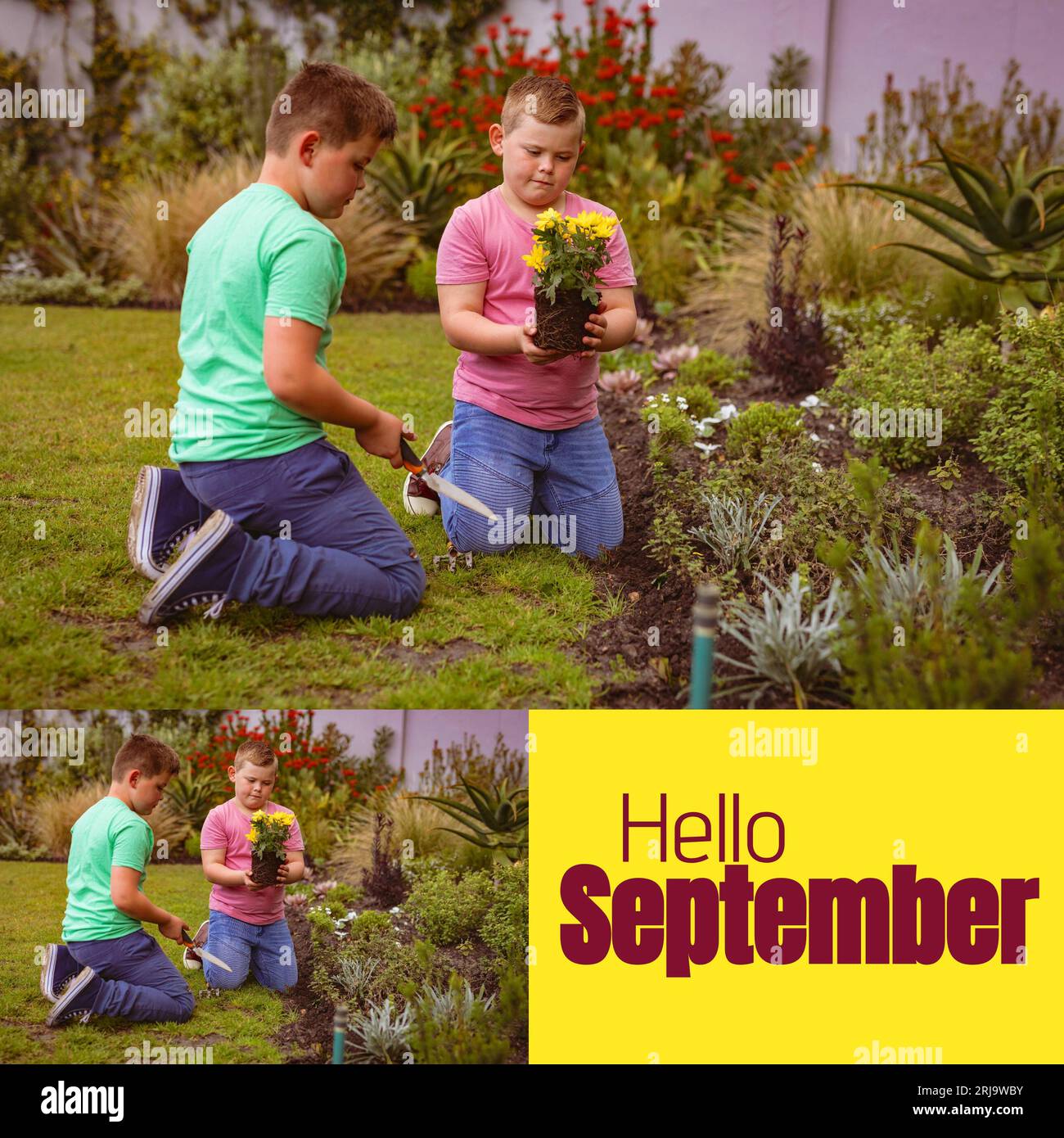 Composite de texte bonjour septembre sur les garçons caucasiens dans le jardin Banque D'Images