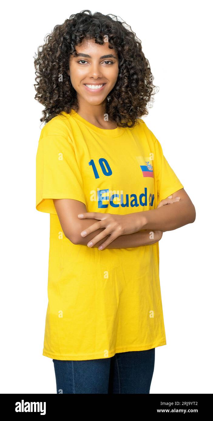 Jolie fan de football féminin de l'Équateur avec maillot jaune isolé sur fond blanc pour découper Banque D'Images