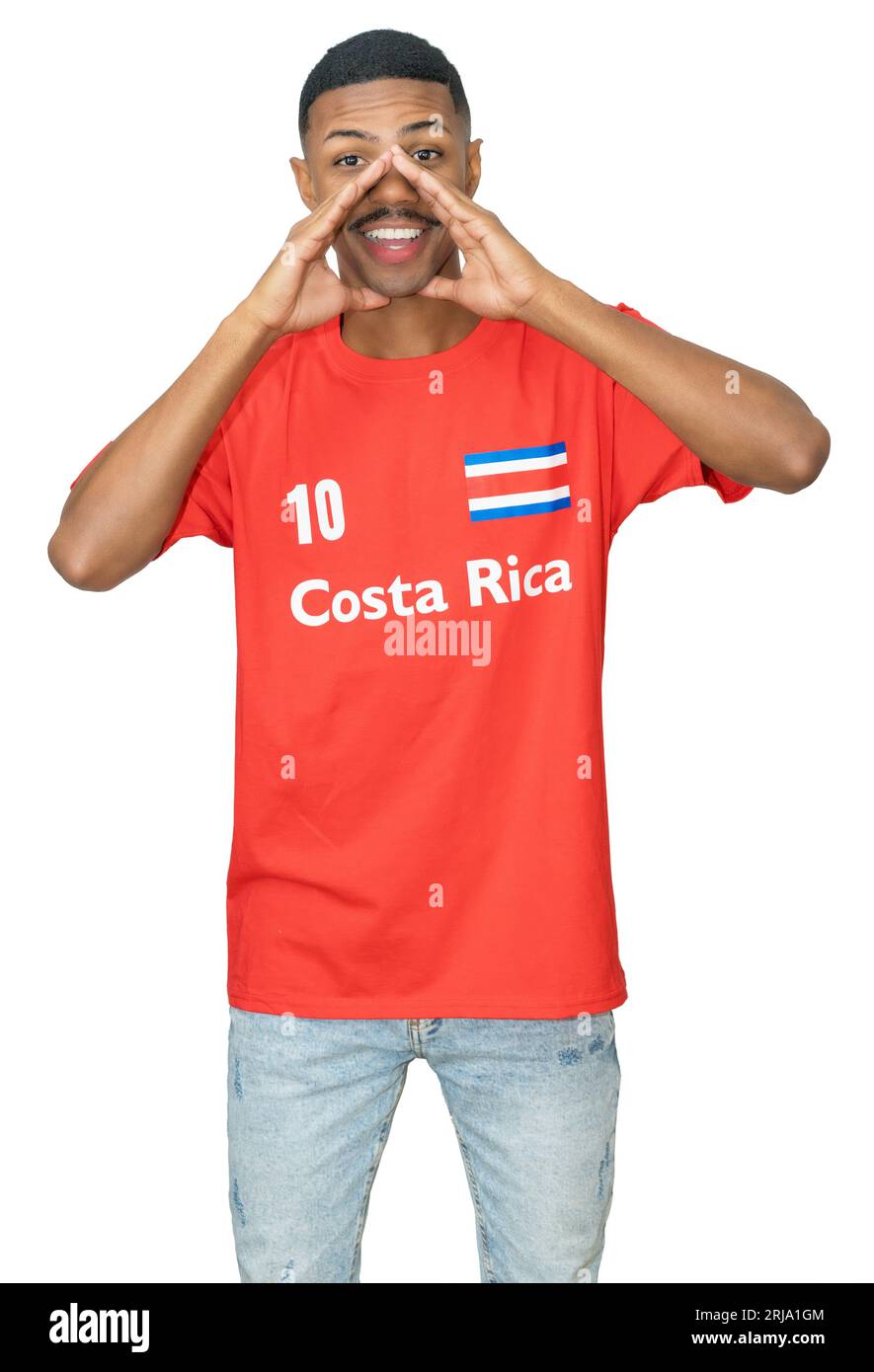 Soutien fan de football masculin du Costa Rica avec maillot rouge isolé sur fond blanc pour découper Banque D'Images