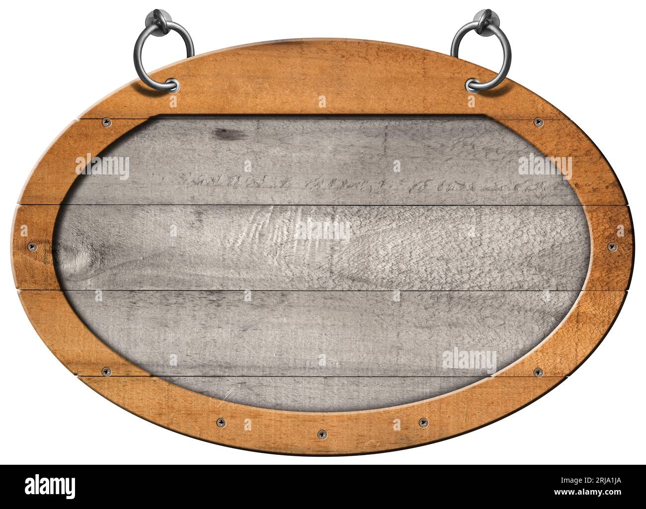 Vieux panneau en bois vierge avec cadre ovale (forme d'ellipse) et anneaux en acier pour accrocher. Isolé sur fond blanc et espace de copie, modèle. Banque D'Images