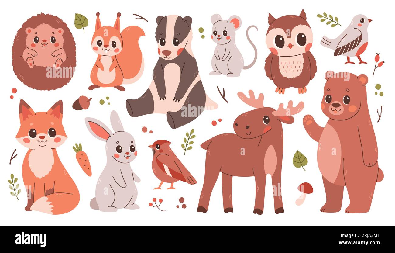 Grand ensemble d'animaux d'automne mignons, oiseaux, plantes. Autocollants et cliparts pour la saison d'automne. Conception de Thanksgiving sur blanc. Illustration de Vecteur