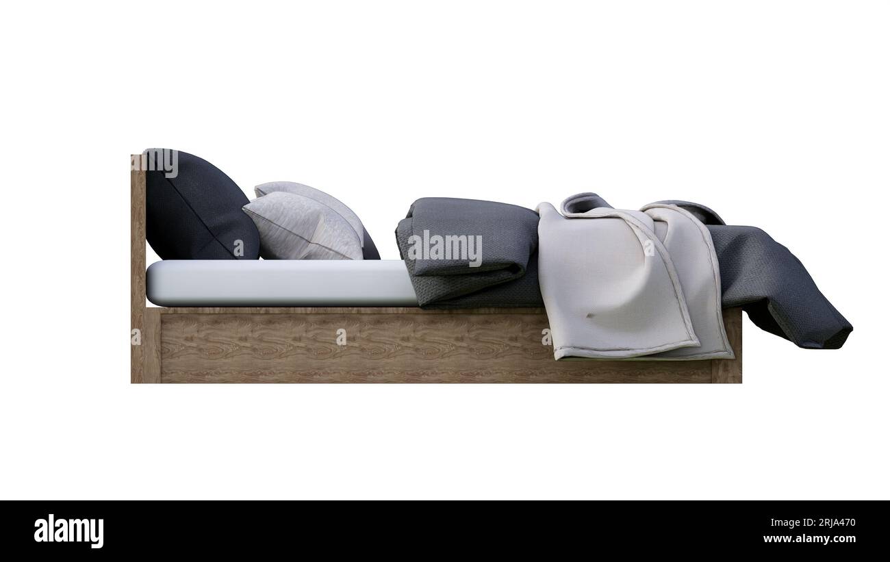 lit vue latérale avec oreillers mockup avec dos et couleur blanche et bois naturel Banque D'Images