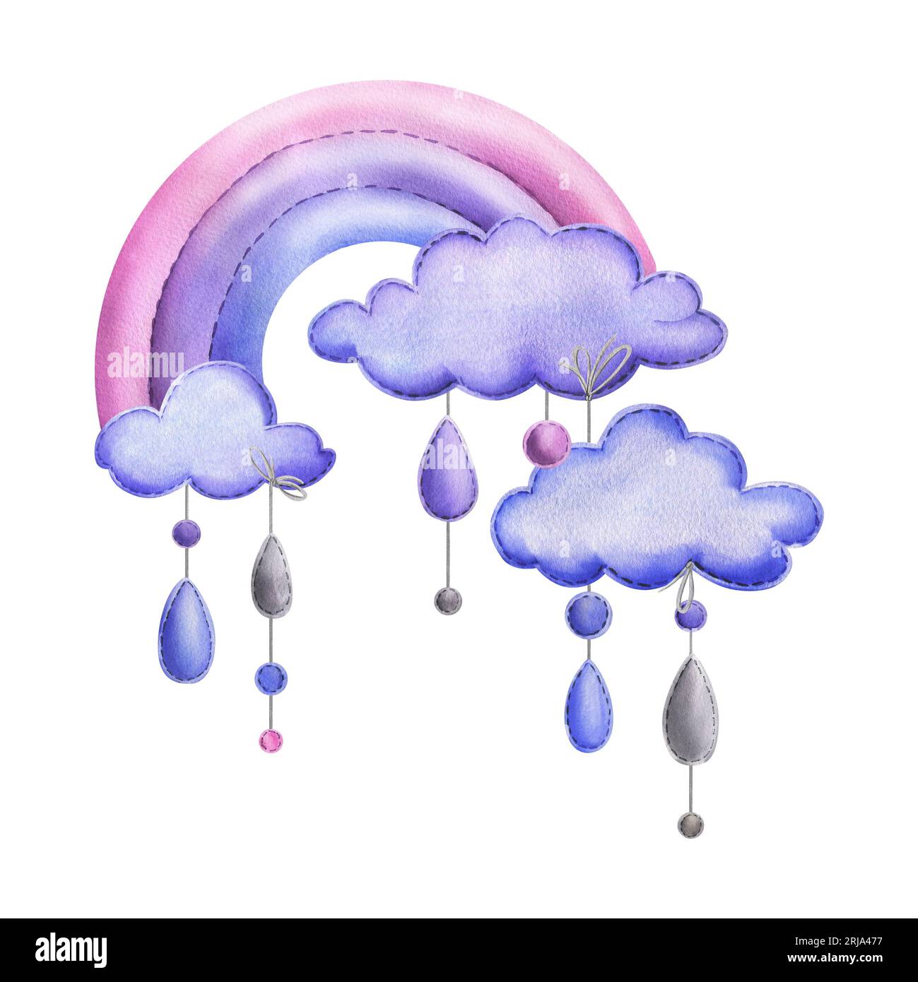 Un arc-en-ciel cousu avec des nuages et des gouttes de pluie suspendus à des cordes en bleu, violet et rose. Illustration de l'aquarelle dessinée à la main mignonne enfantin. Isolé Banque D'Images