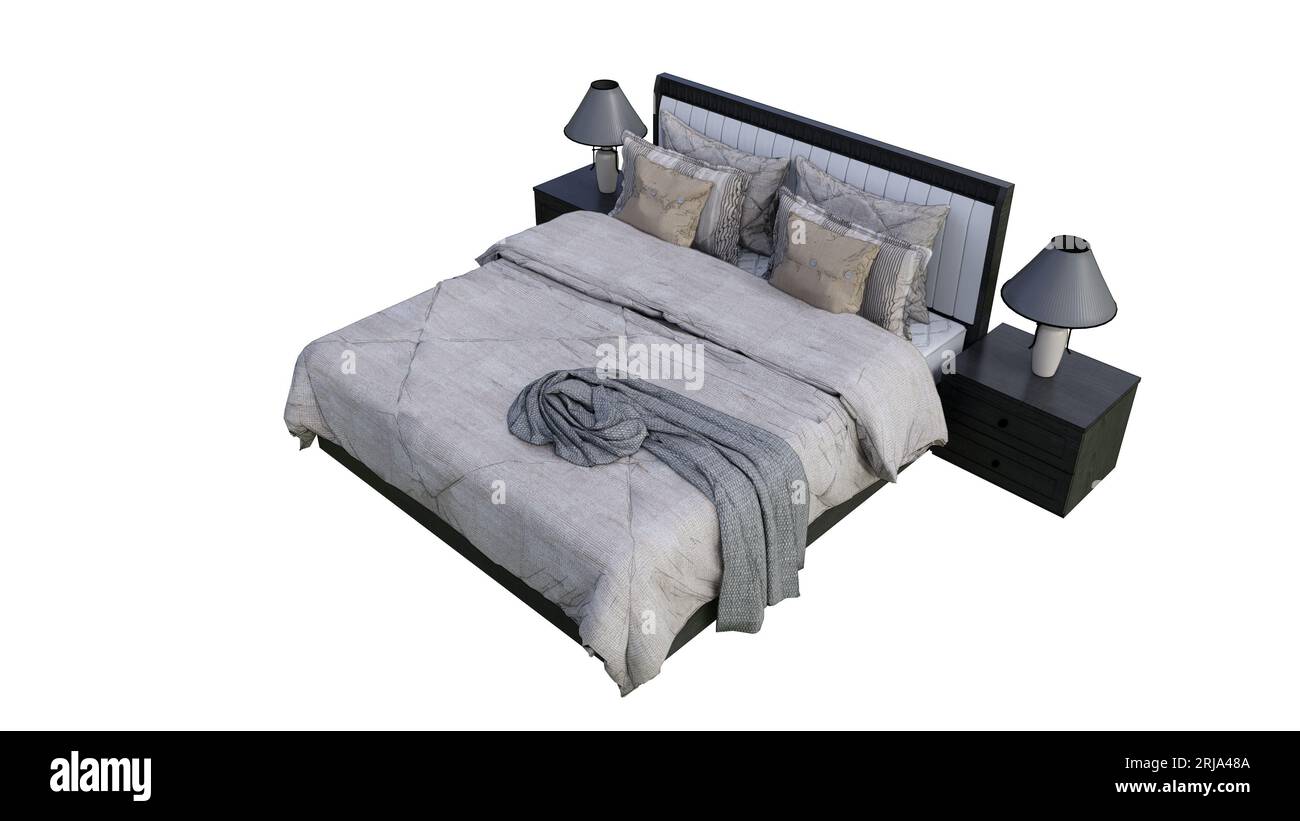 lit blanc vierge avec oreillers mockup, vue en trois dimensions, table d'appoint en bois naturel fond blanc avec lampe de table moderne classique Banque D'Images
