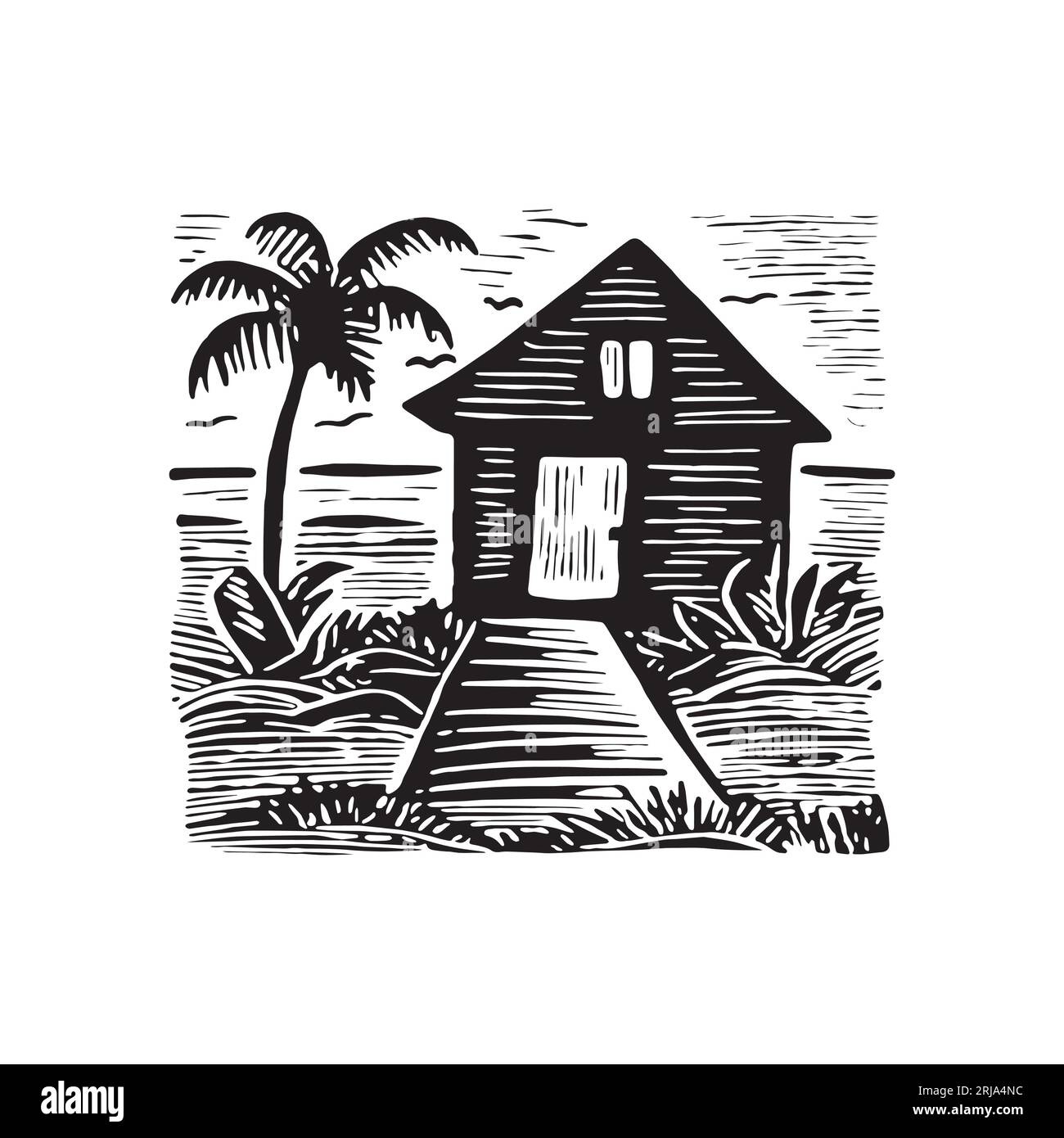 Illustration d'impression de bloc de cabane de plage fantaisiste pour le concept de voyage tropical. Vecteur maison côtière avec palmier stylisé pour les vacances. Illustration de Vecteur