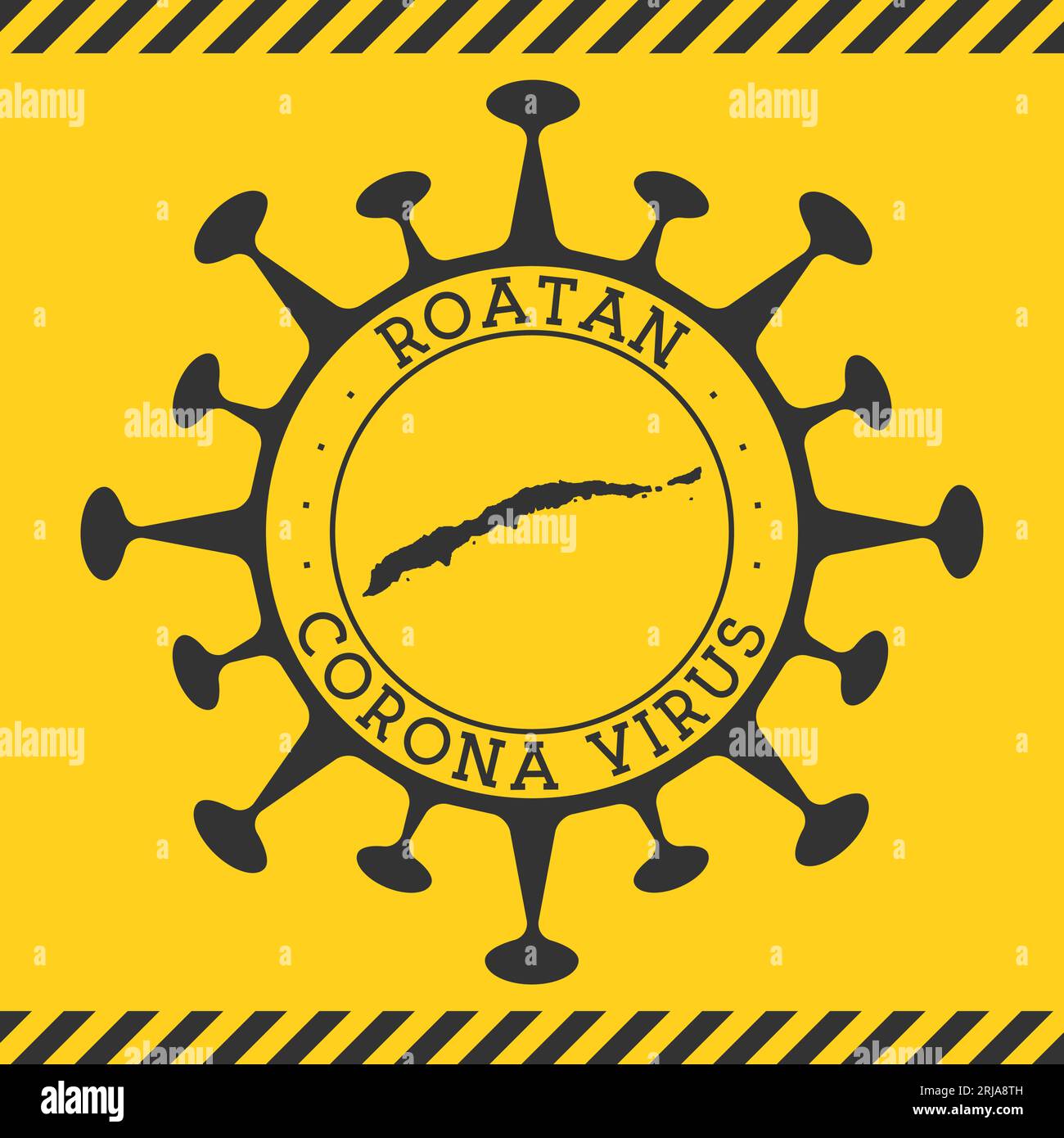 Corona virus dans le signe de Roatan. Badge rond avec forme de virus et carte Roatan. Timbre de verrouillage de l'épidemie de l'île jaune. Illustration vectorielle. Illustration de Vecteur