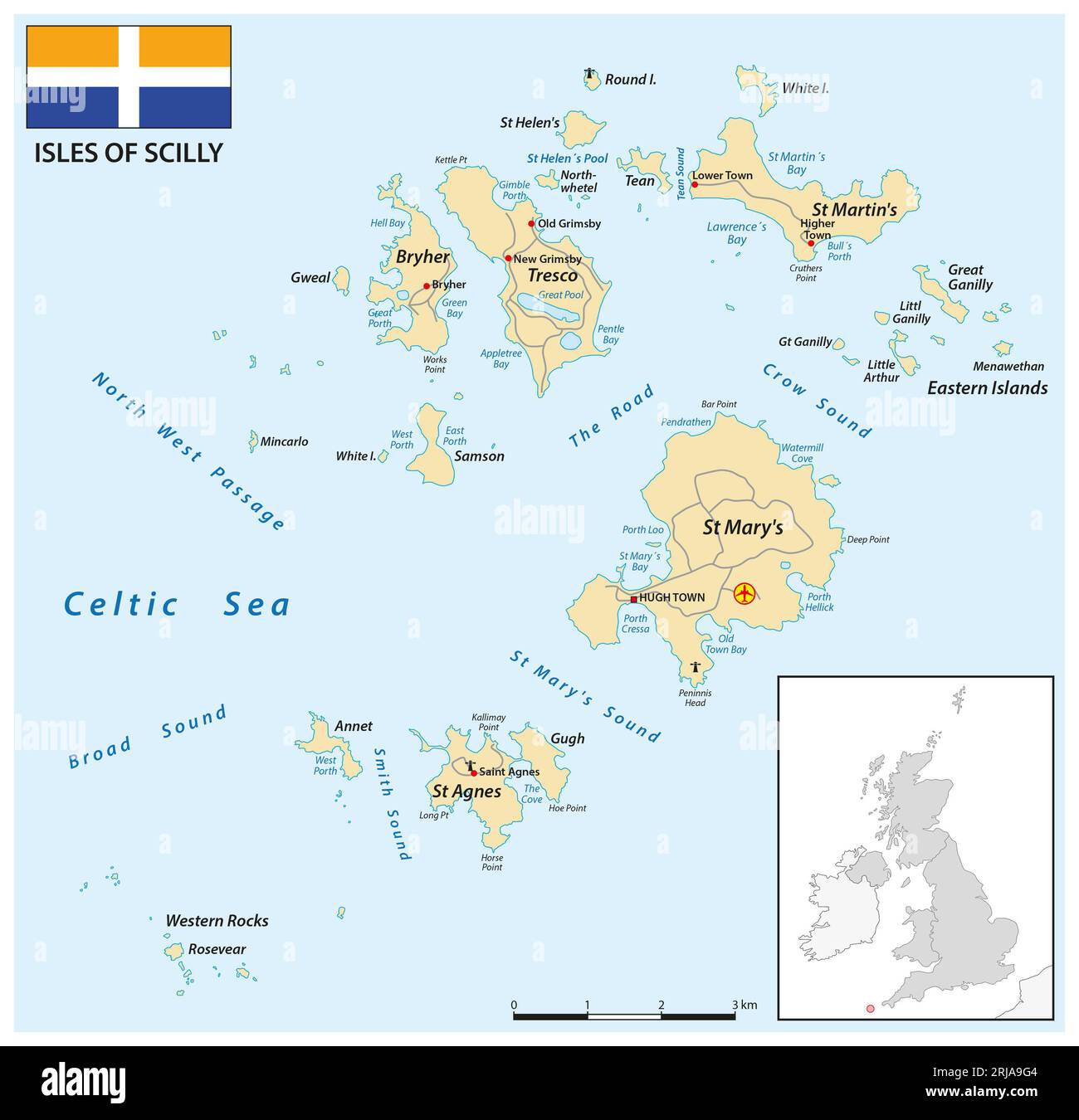 Carte routière des îles Scilly avec drapeau Banque D'Images