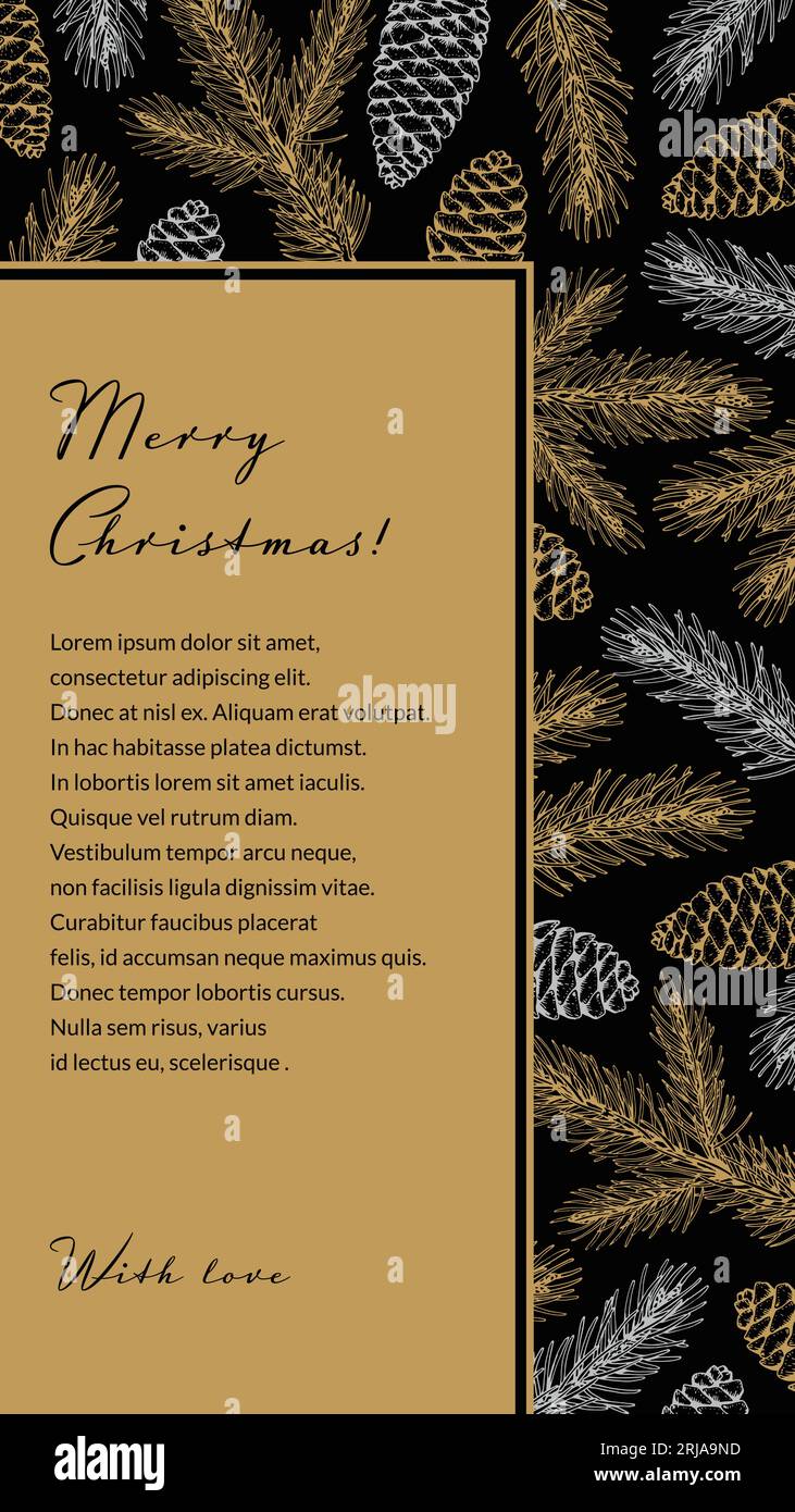 Joyeux Noël et bonne année carte de voeux verticale avec des éléments de botanique dorés dessinés à la main. Illustration vectorielle dans le style d'esquisse. Backgro festif Illustration de Vecteur