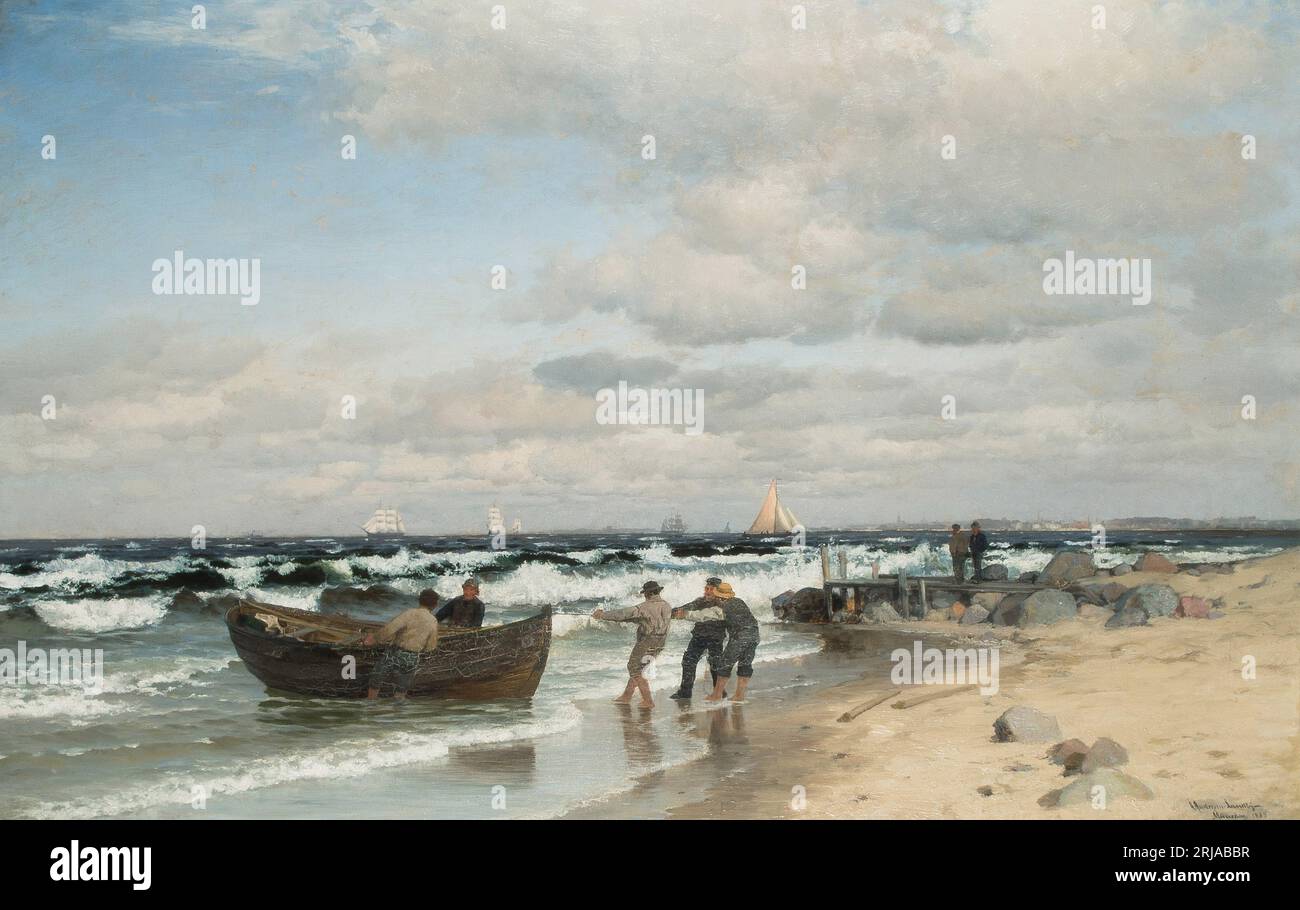 Pêcheurs sur une plage. 1885 par Anders Andersen-Lundby Banque D'Images