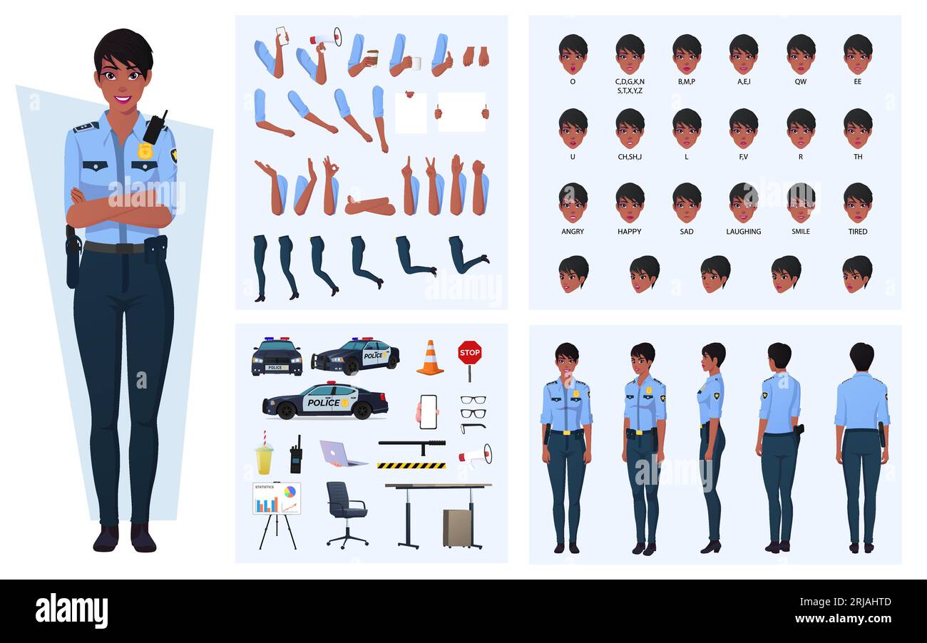 Création de personnage de policier féminin noir avec des émotions, synchronisation des lèvres, des gestes, équipement pour l'animation et Rigging Vector Illustration Illustration de Vecteur