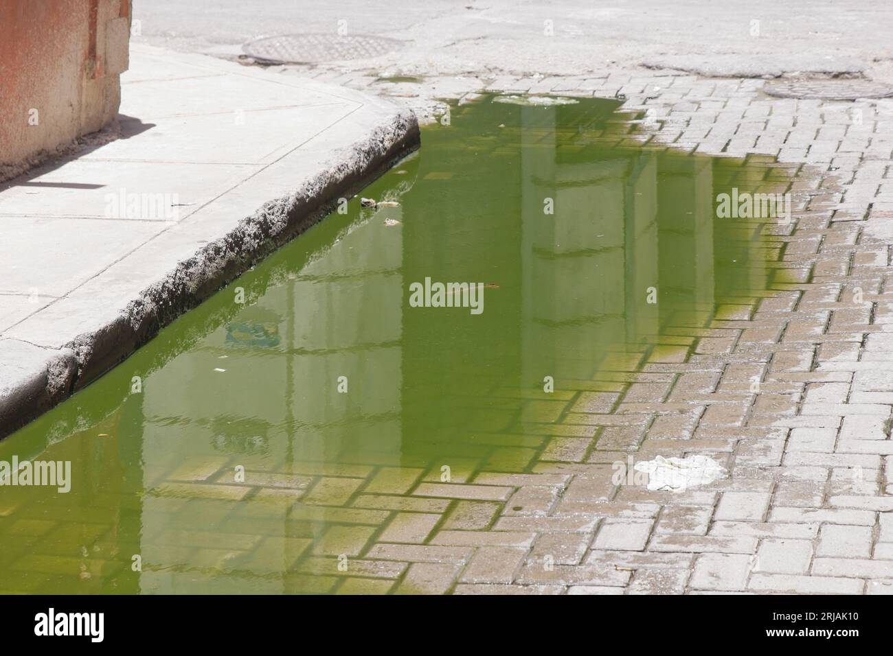 La Havane, Cuba, eau sale stagnante dans une rue pavée. Flaques d'eau non hygiéniques dues à des fuites d'eaux usées. Banque D'Images