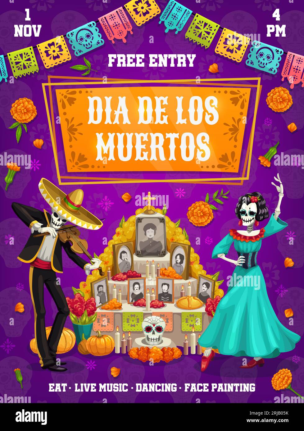 Dépliant de vacances mexicain dia de los muertos. Carte de voeux vectorielle avec le danseur Catrina et le squelette musicien mariachi se produisent près de l'autel avec anc mort Illustration de Vecteur