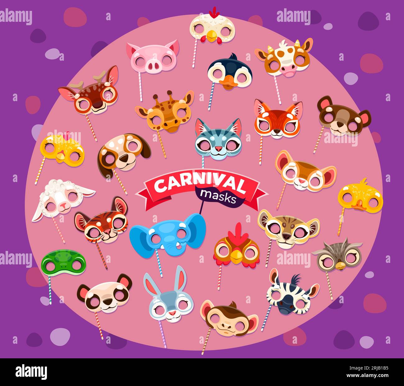 Masques de fête de carnaval d'animal de bande dessinée ou costumes de célébration de vacances d'anniversaire. Vecteur poulet, porc, pingouin et vache. Renard, chat, girafe et ours, canard, Illustration de Vecteur