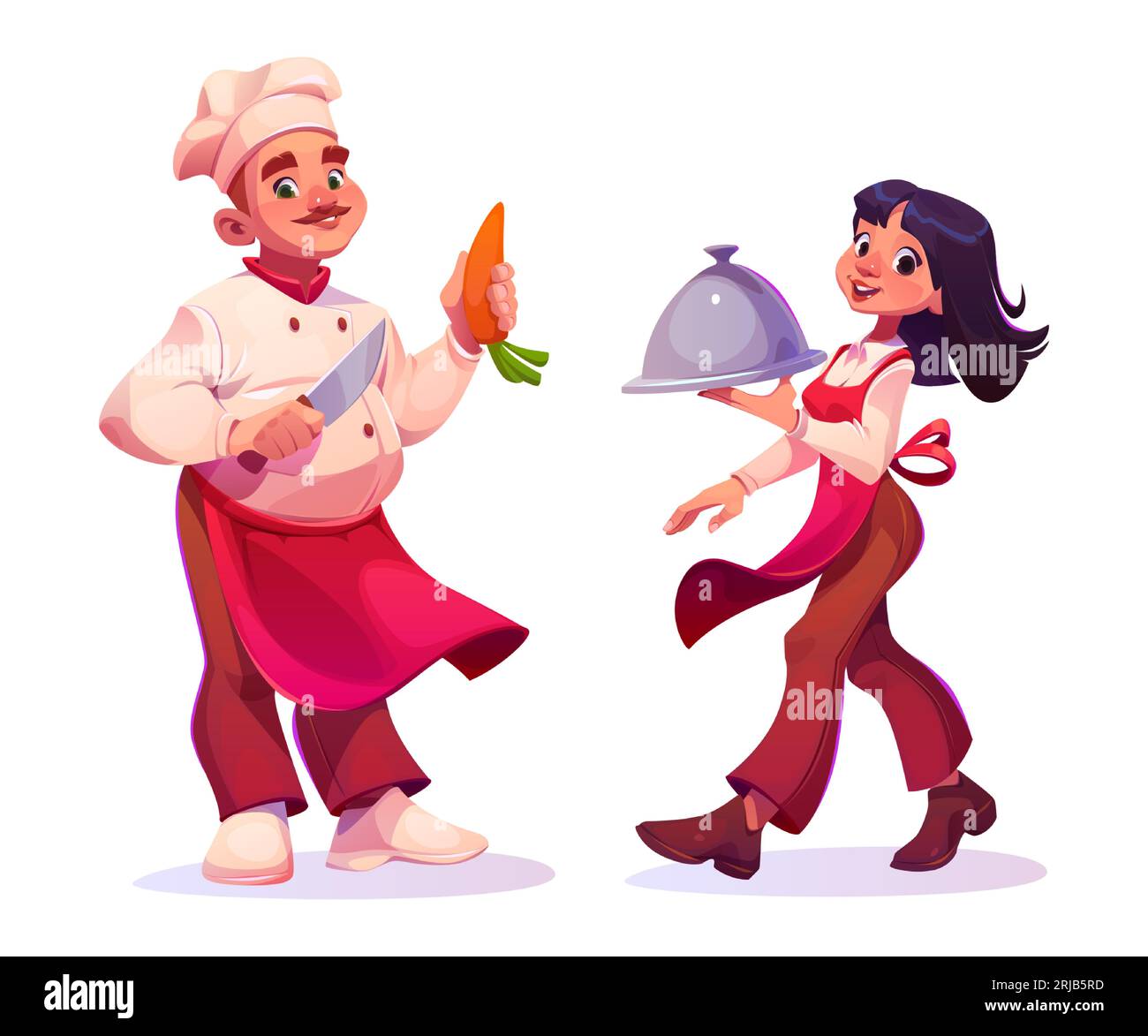 Chef cuisinant la nourriture sur la cuisine du restaurant et serveuse avec plat. Homme dans le chapeau de chef avec couteau et carotte et femme dans le tablier portant plateau, illustration de dessin animé vectoriel Illustration de Vecteur