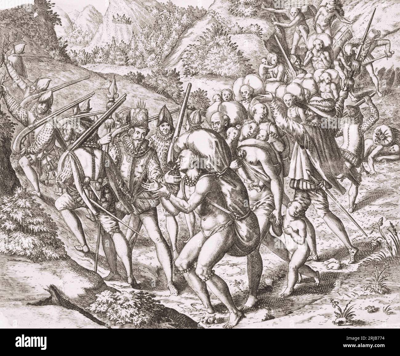 Les indigènes sud-américains capturés par les Espagnols sont poussés en captivité. Après une œuvre de Theodor de Bry à la fin du 16e siècle. Banque D'Images