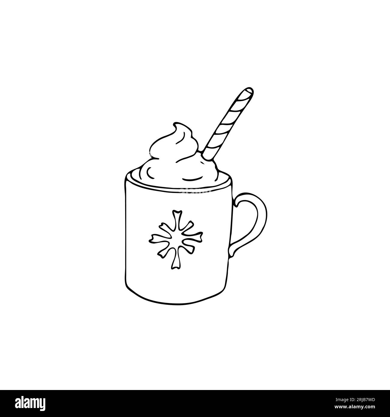 Tasse de boisson de Noël avec flocon de neige dessus, chocolat chaud ou café avec une canne à sucre, crème fouettée. Illustration vectorielle dessinée à la main sur fond blanc Illustration de Vecteur