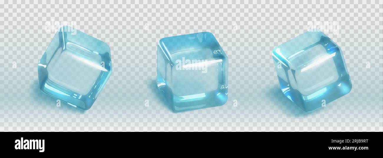 Ensemble réaliste de glaçons 3d - morceaux carrés transparents bleus d'eau congelée pour refroidir les boissons. Blocs solides de congélation translucides pour cocktails et boissons. Illustration vectorielle d'aqua givré clair. Illustration de Vecteur
